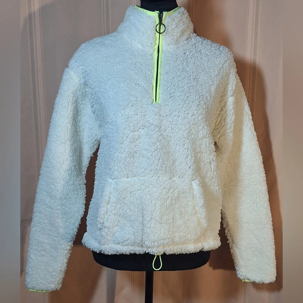 SO White Sherpa Jacket with Neon Yellow Accents - Picture 1 of 7